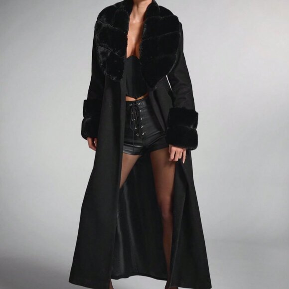 Black Elegant Women's Faux Fur Fluffy Shawl Collar Long Coat - Picture 6 of 7